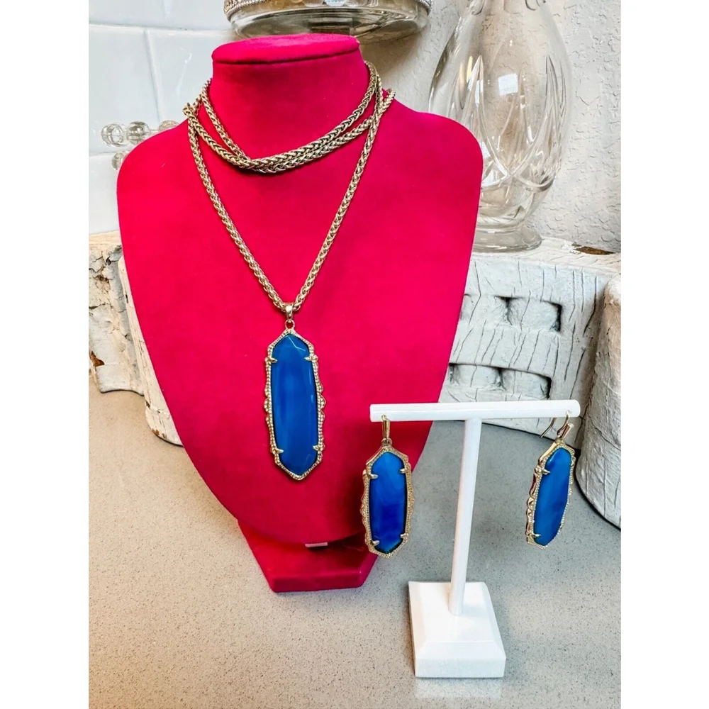 KENDRA SCOTT Teal blue Agate Frances Necklace & Earrings Gold Tone Rare - Picture 1 of 8